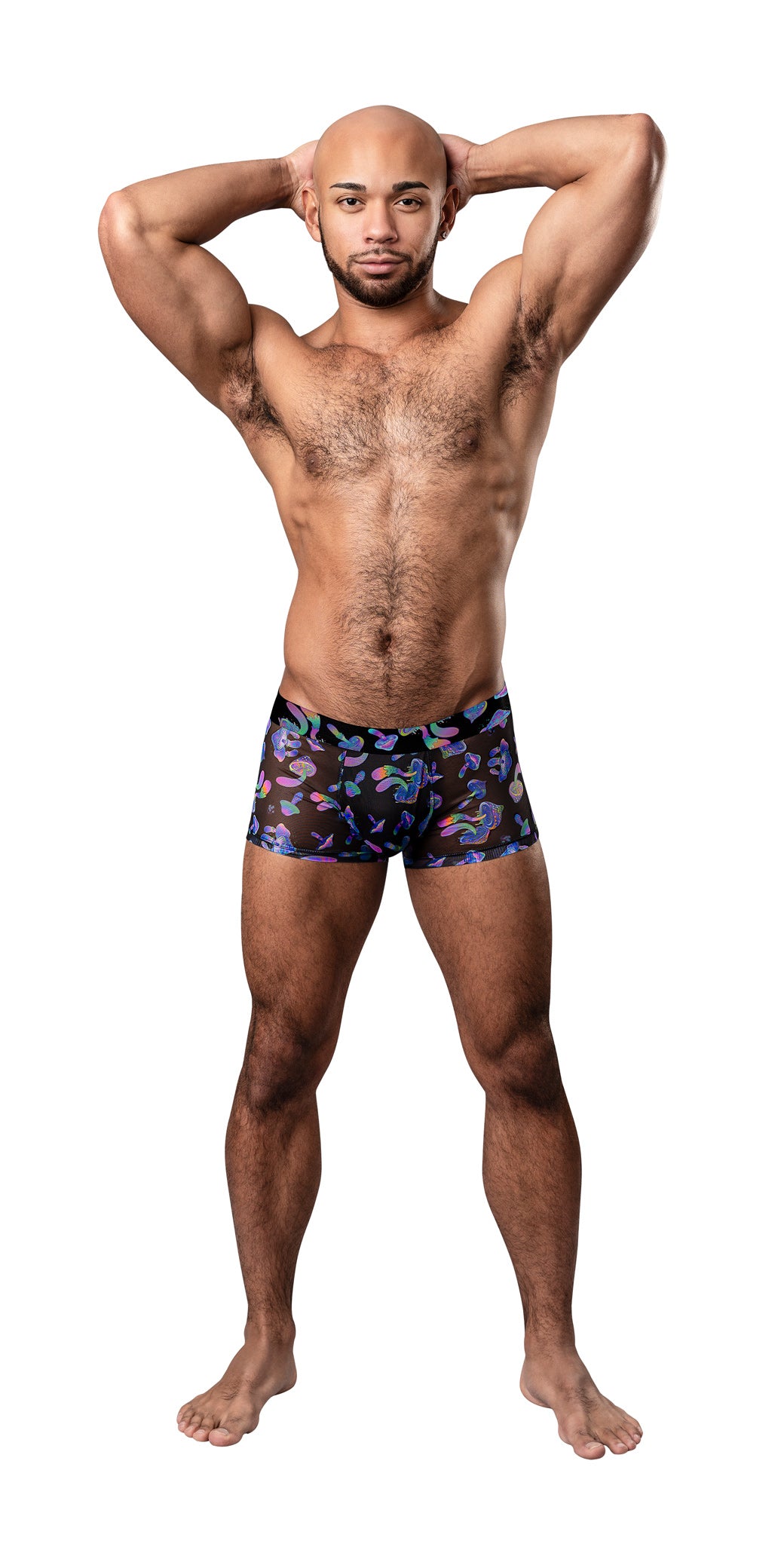 Male Power Hazy Dayz Pouch Short Large Mushroom on a model showcasing comfort and style in a playful design.