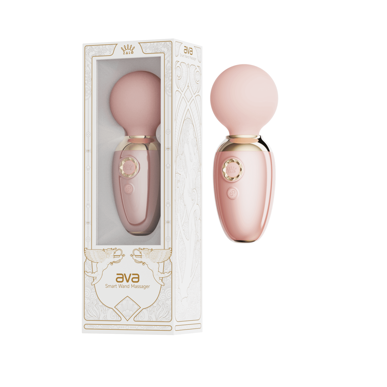 ZALO AVA app-controlled pink smart wand massager with DirectPower 2.0 & heating function, shown with packaging