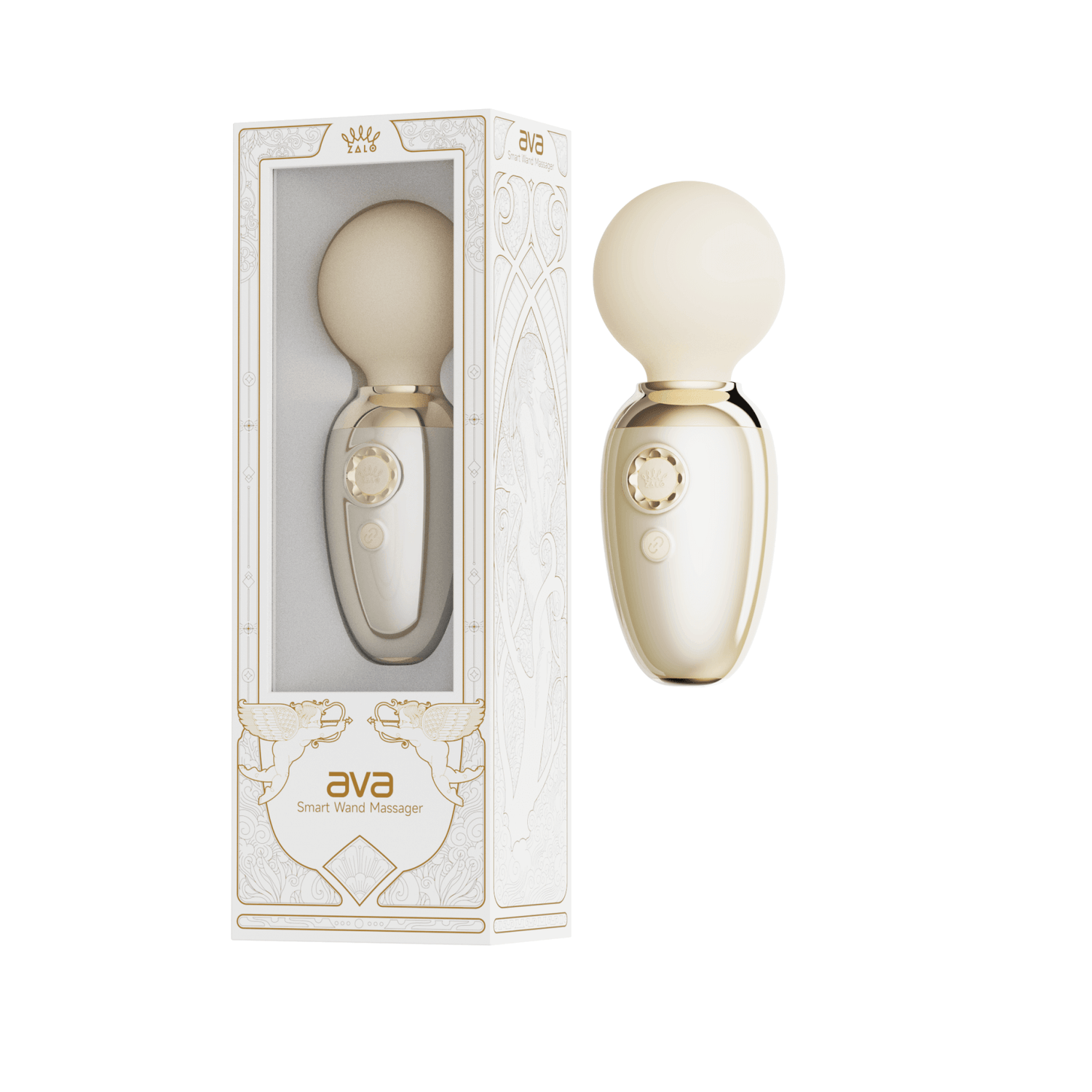 ZALO's AVA white app-controlled smart wand massager with luxurious silicone head and elegant pearlescent handle shown in packaging.