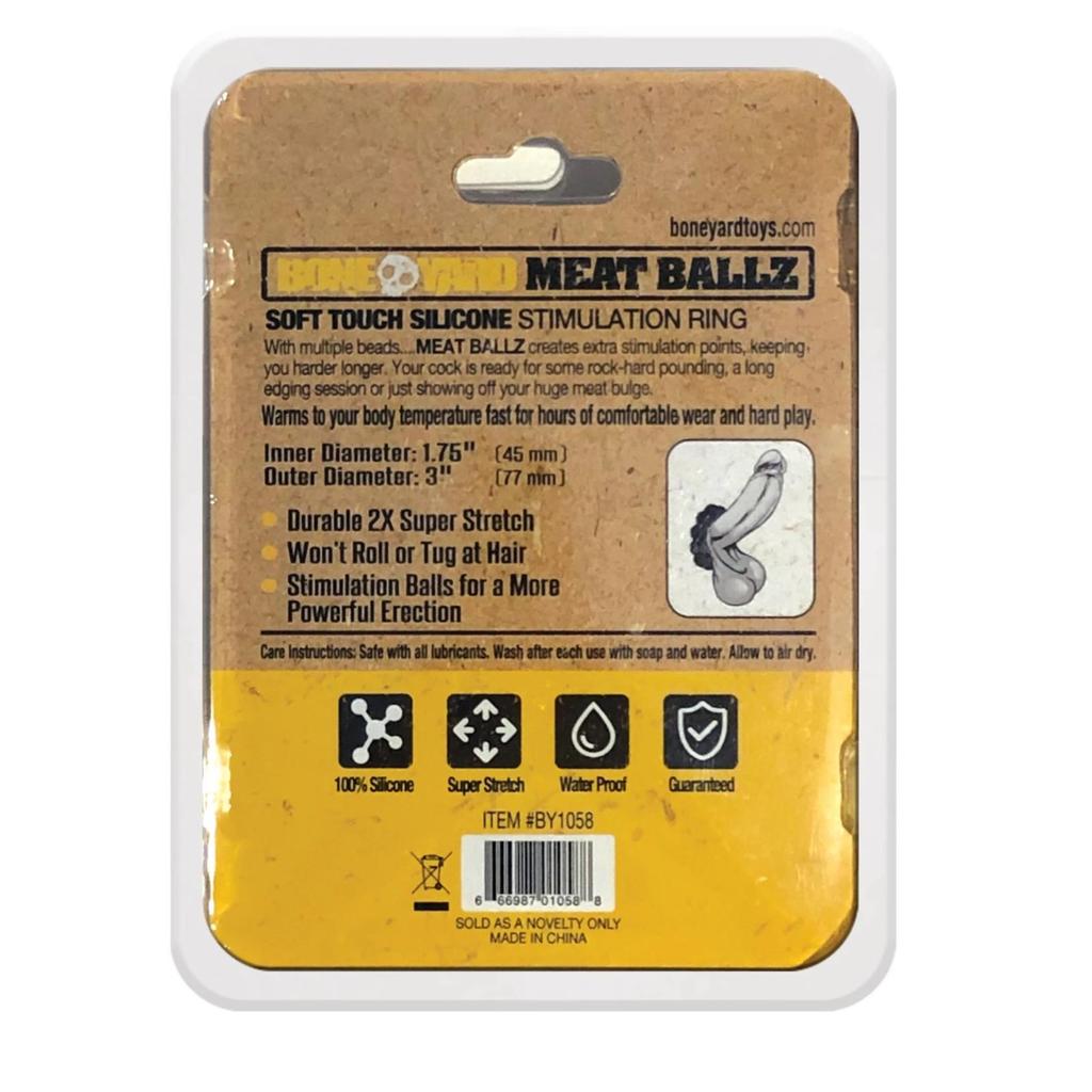 Rascal Meat Ballz Silicone Cock Ring Black package showing features and benefits for enhanced stimulation and comfort.