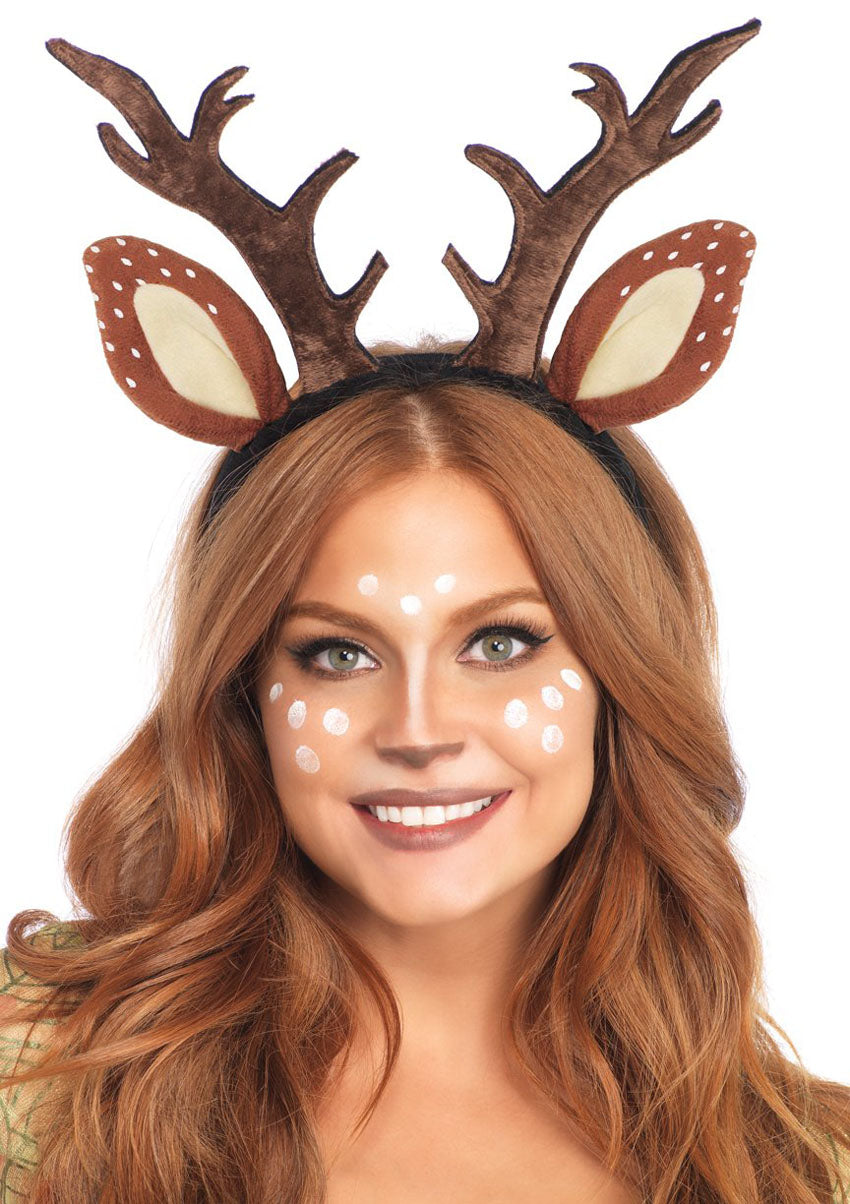 Leg Avenue Fawn Ear Antler Animal Costume Headband worn by a woman with a deer-inspired look and makeup.