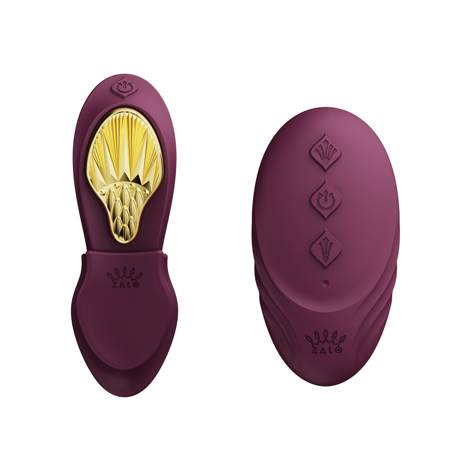 ZALO Aya Wearable Vibrator Velvet Purple ergonomic design front and back view