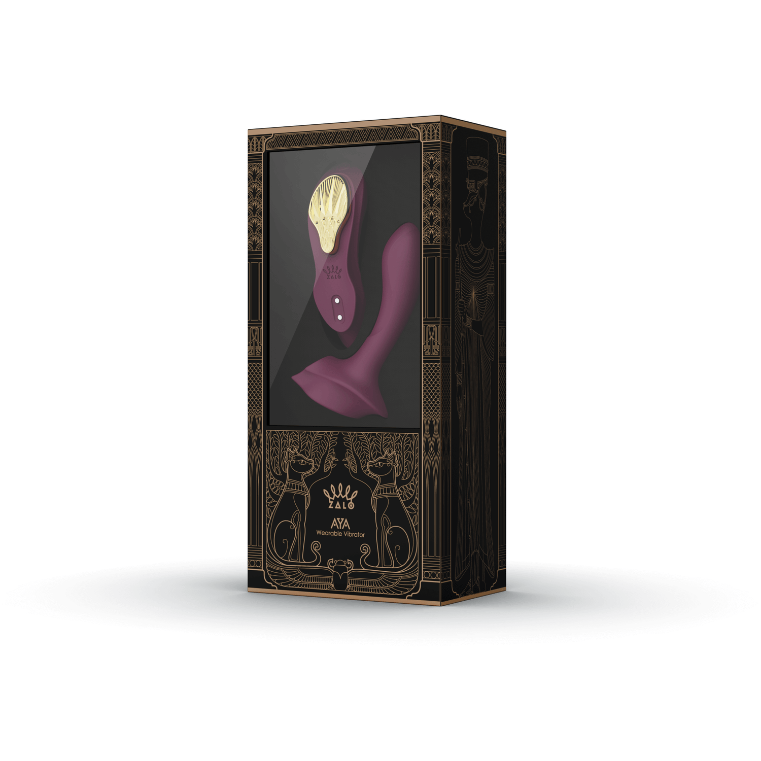 ZALO Aya Wearable Vibrator in Velvet Purple packaging, featuring an elegant black and gold design.