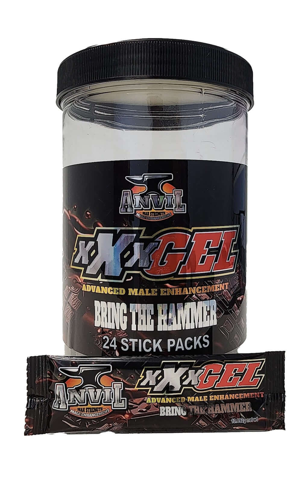 Anvil MAX STRENGTH XXX Gel display with 24 stick packs for male enhancement in chocolate flavor.