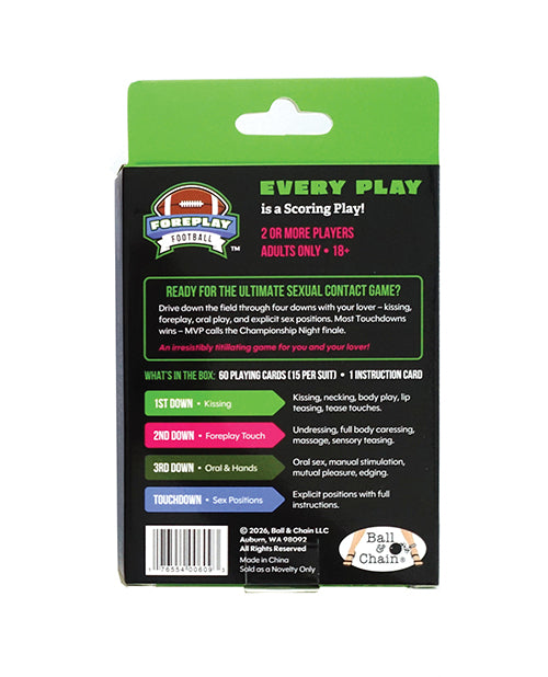 Ball & Chain Foreplay Football Card Game back cover with instructions for intimate play and scoring.