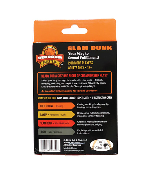 Bedroom Basketball Adult Couples Card Game Slam Dunk packaging, featuring gameplay details and instructions for intimacy.