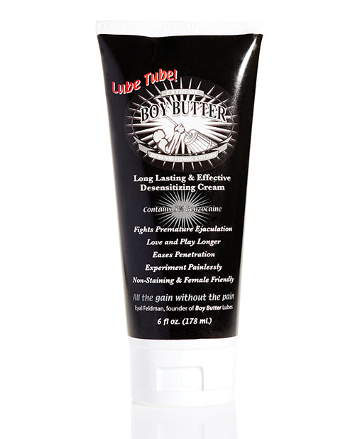 Boy Butter Extreme Desensitizing Lube Tube 6 Oz in a black tube with product information and 5% benzocaine formula.