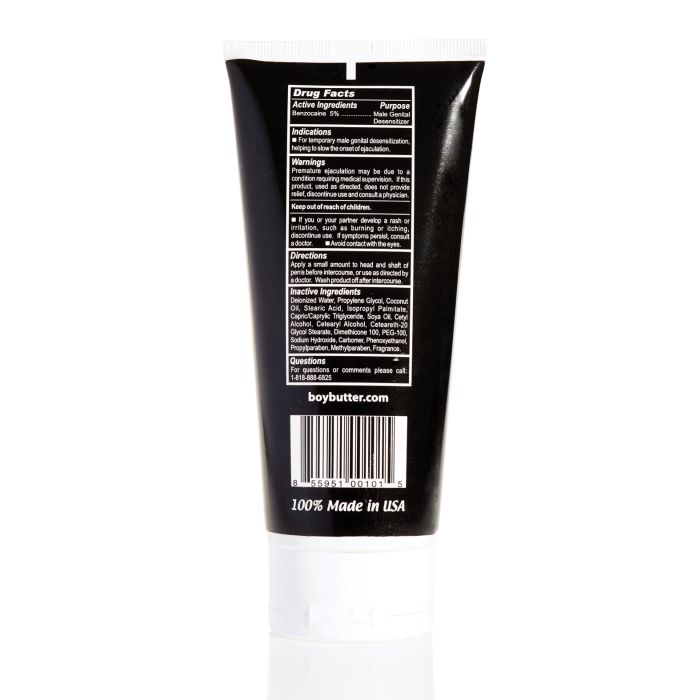 Boy Butter Extreme Desensitizing Lube Tube 6 Oz back label with ingredients and usage instructions.