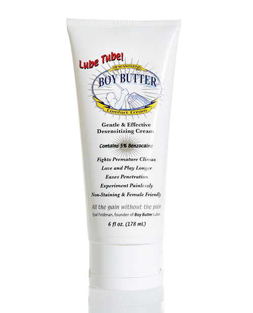 Boy Butter Desensitizing Comfort Cream Lube 6 Oz tube with product details and 5% benzocaine.