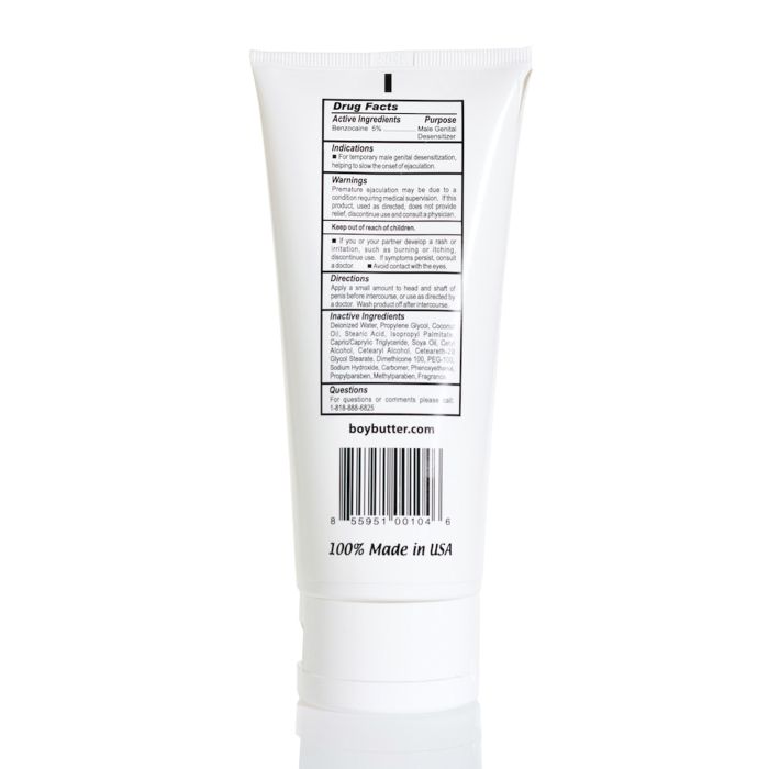 Boy Butter Desensitizing Comfort Cream Lube 6 Oz tube displaying Drug Facts and ingredients list on back.