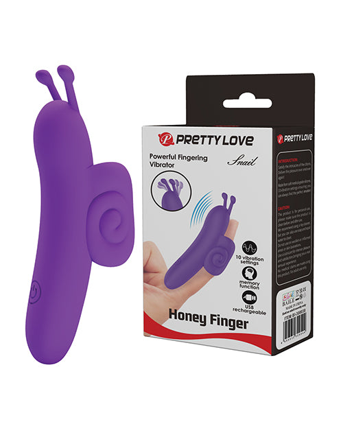 Pretty Love Snail Honey Finger Vibe Purple next to its packaging, showcasing its ergonomic design and versatility.