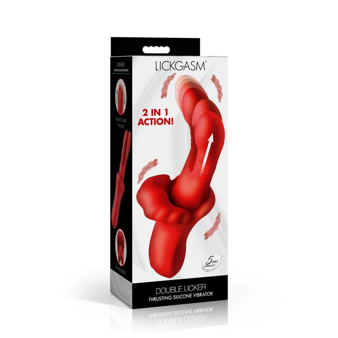 Lickgasm Double Thrusting Silicone Vibrator Red in packaging, showcasing 2 in 1 action for enhanced pleasure.