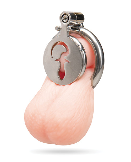 Blue Line Stainless Steel Flat Inverted Chastity Cage close-up showing detailed design and discreet functionality.