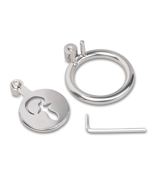 Blue Line Stainless Steel Flat Inverted Chastity Cage with stainless steel components and a wrench.