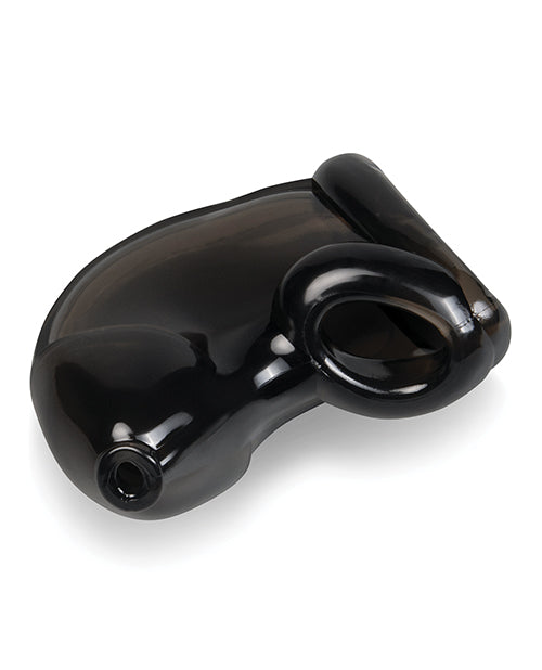 Blue Line TPE Chastity Cage With Ball Loop and Pee Hole in sleek black design, showing secure ball loop and pee hole.