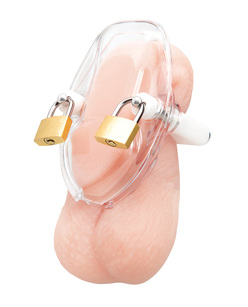Blue Line Cock Compressor Chastity Cage with secure locks and snug fit for enhanced male chastity play.