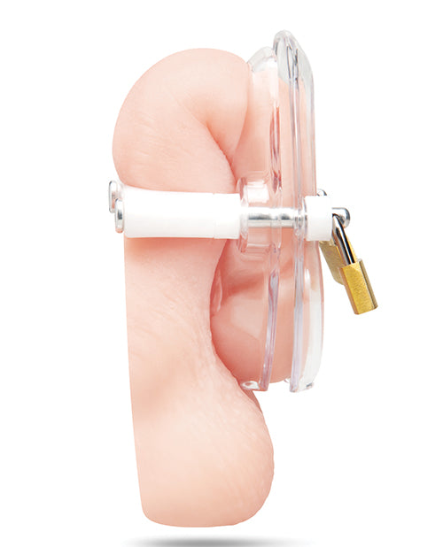 Blue Line Cock Compressor Chastity Cage side view showing snug fit and locking mechanism for male chastity play.