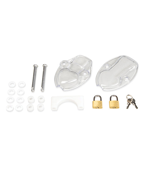 Blue Line Cock Compressor Chastity Cage components including locks, screws, and casings.