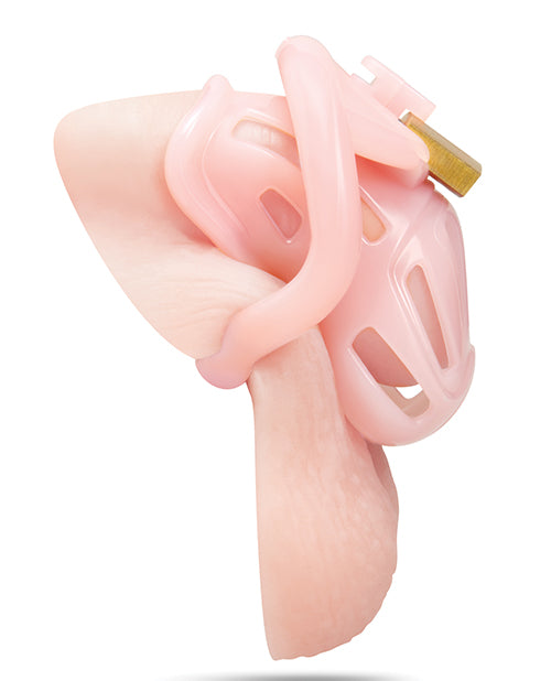 Degrading Bitchboy Pink Mini Cock Sissy Boy Chastity Cage showcasing its compact design and playful color.