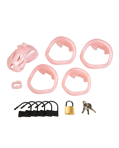 Degrading Bitchboy Pink Mini Cock Sissy Boy Chastity Cage accessories with locks and keys.