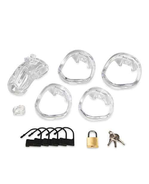 Blue Line 2 Inch Acrylic See Thru Chastity Cock Cage with clear rings and padlock accessories.