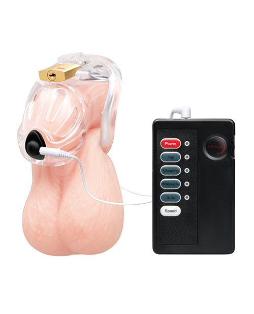 Electroshock 1.75 Inch Acrylic See Thru Chastity Cock Cage with attached remote control.