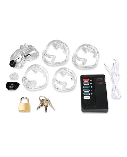 Electroshock 1.75 Inch Acrylic See Thru Chastity Cock Cage with accessories including remote and lock.
