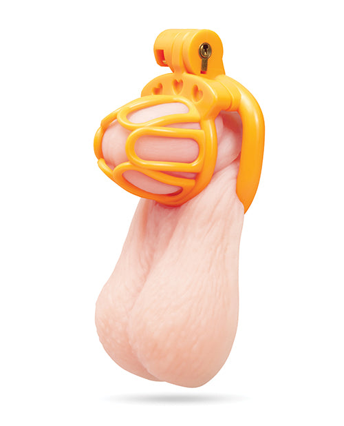 Blue Line Fenced-In Inmate Mini Cock Chastity Case in orange and pink design for couples' chastity play.