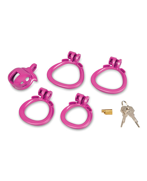 Blue Line 1 Inch Bitchboy Pink Prisoner Cock Cage accessories including rings and keys in vibrant pink.