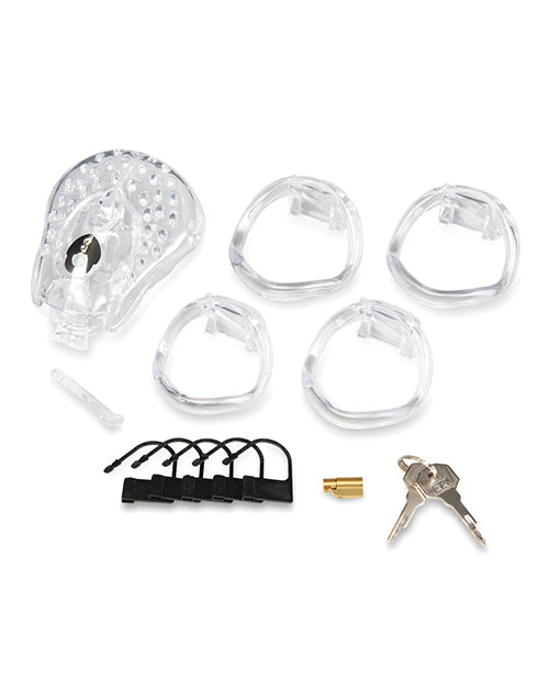 Blue Line Full Coverage Cock & Balls Chastity Cage Clear accessories including cage, rings, locks, and keys.