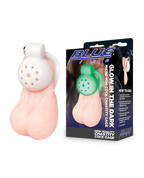 Blue Line Glow In The Dark Micro Mini Cock Chastity Cage with packaging showcased.