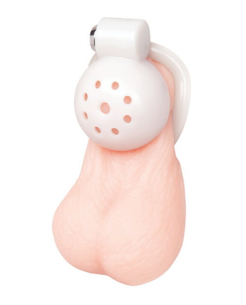 Blue Line Glow In The Dark Micro Mini Cock Chastity Cage showing its design and material.
