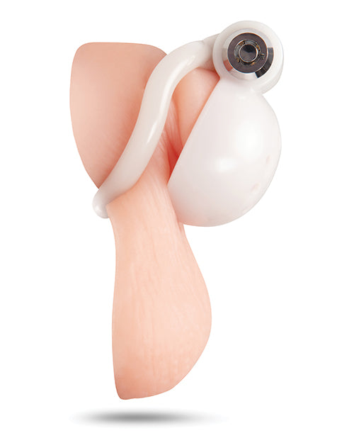 Blue Line Glow In The Dark Micro Mini Cock Chastity Cage with a smooth design and playful features.