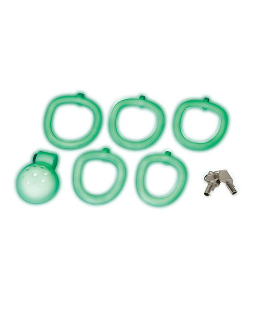 Blue Line Glow In The Dark Micro Mini Cock Chastity Cage accessories including rings and key.