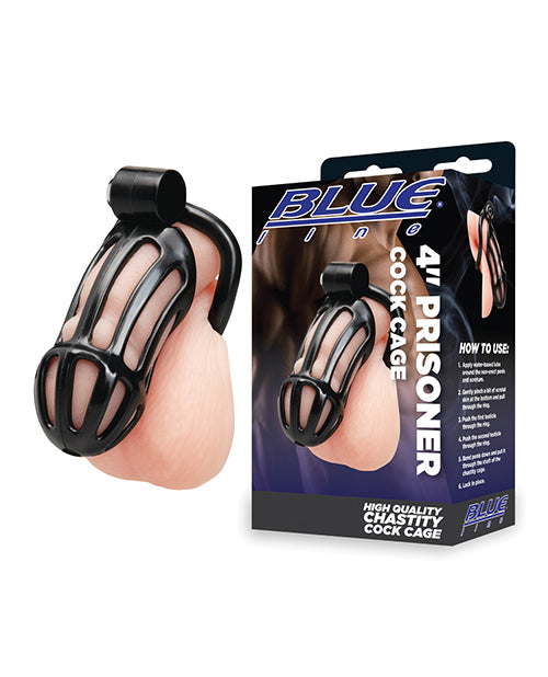 Blue Line 4 Inch Prisoner Cock Cage with packaging, perfect for chastity play and control.