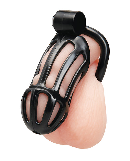 Blue Line 4 Inch Prisoner Cock Cage for focused chastity play, featuring a black design and secure locking mechanism.