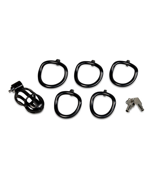 Blue Line 4 Inch Prisoner Cock Cage components including cage, rings, and keys for tailored chastity play.