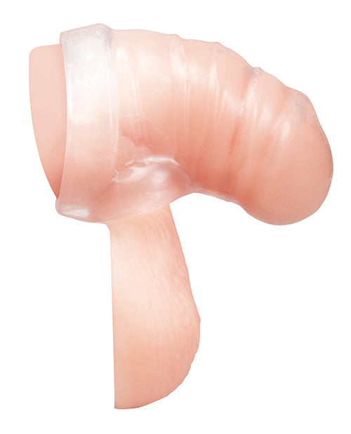Blue Line Silicone Chastity Cage with Ball Loop shown from the side in a soft, flexible design.