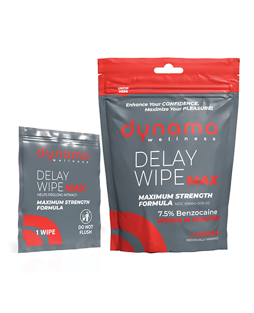 Dynamo Wellness Maximum Strength Delay Wipe 6 Pack packaging and individual wipe showcasing maximum strength formula.