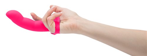 BMS Extra Touch 4.9 Inch Silicone Finger Dong Pink on a hand, showcasing its design and usability.