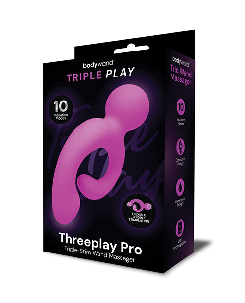 Bodywand Triple Play Threeplay Pro Wand Vibrator packaging showcasing its ergonomic design and features.