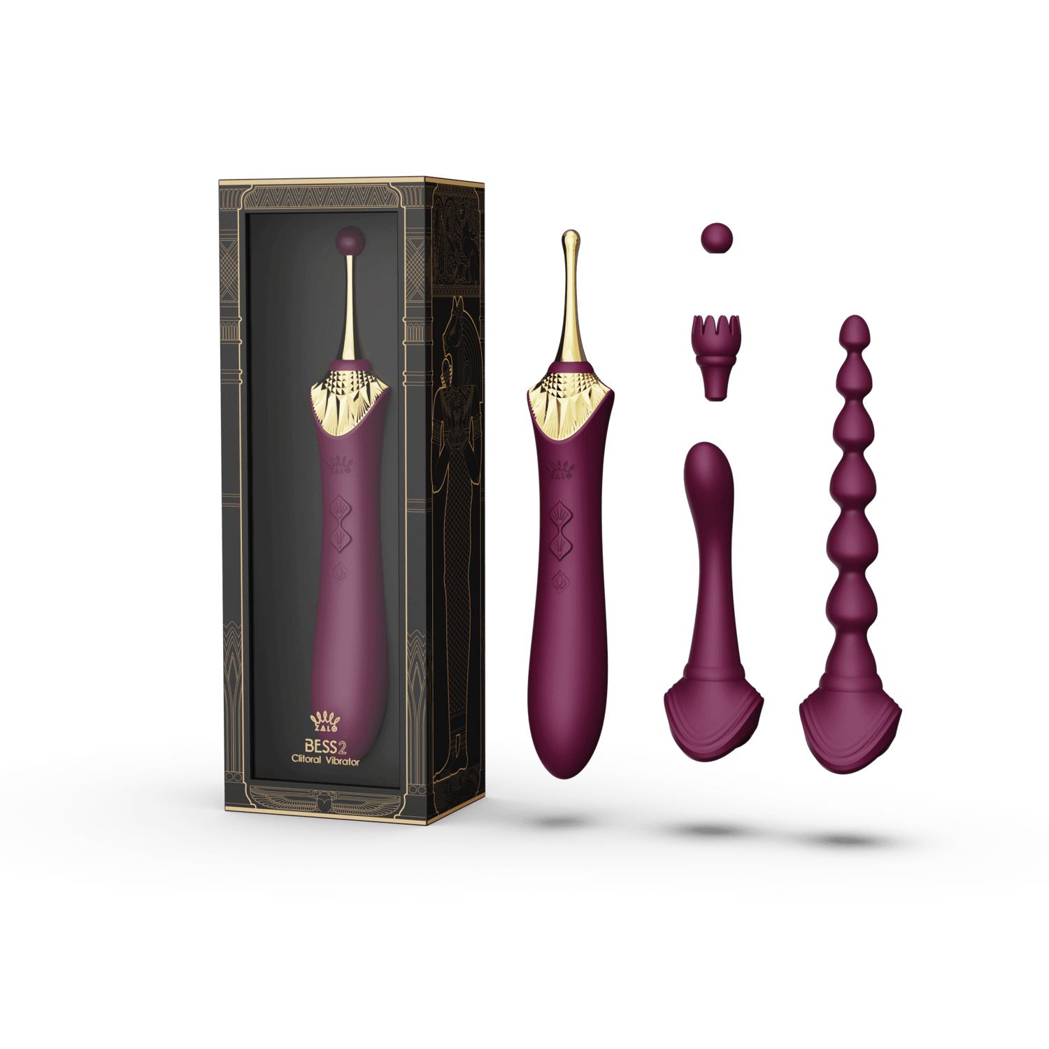 ZALO Bess 2 Clitoral Massager in Velvet Purple with multiple attachments including anal beads, USB rechargeable, waterproof, 8 vibration modes