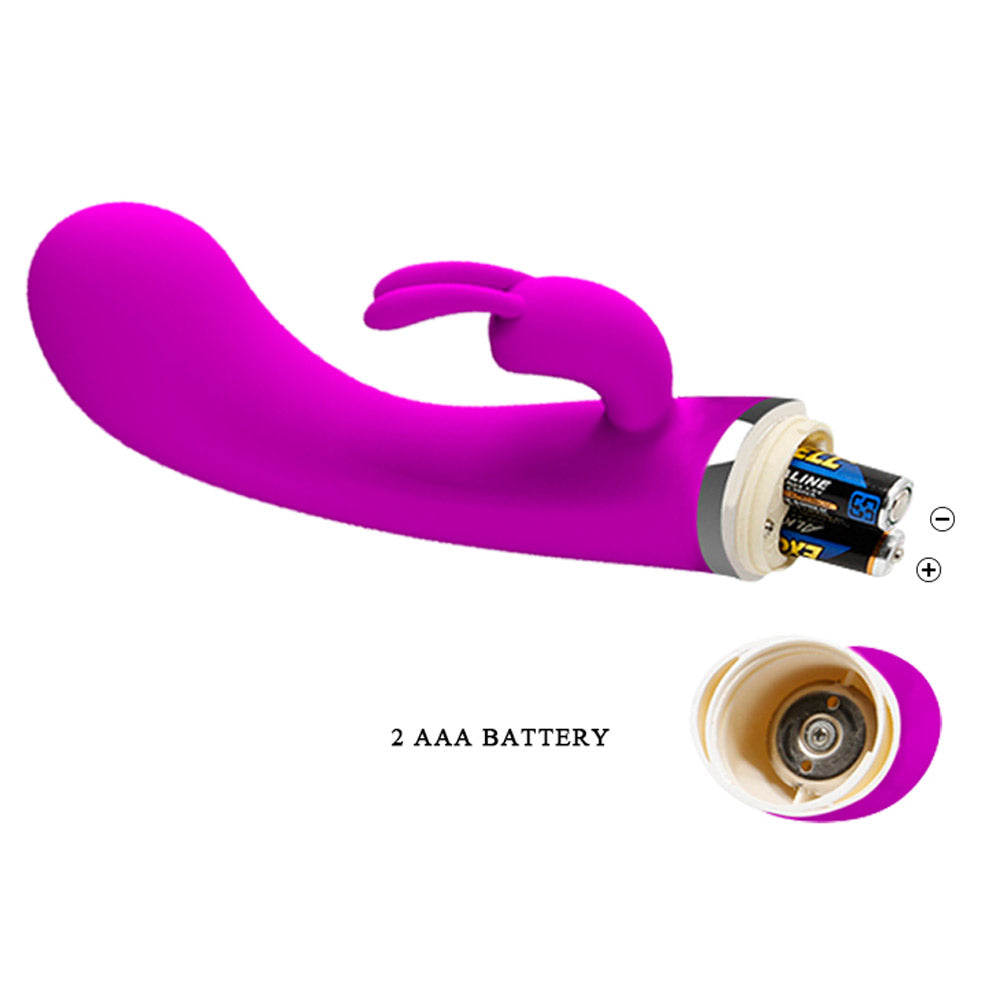 Pretty Love Freda 30 Function Rabbit Vibrator Purple with visible battery compartment and battery details.