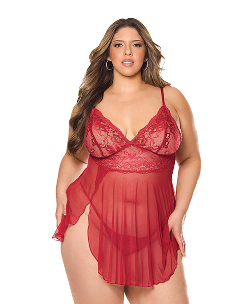 Crimson Luxe Lace and Mesh Babydoll with G-String Red Queen showcasing refined curves and romantic style.