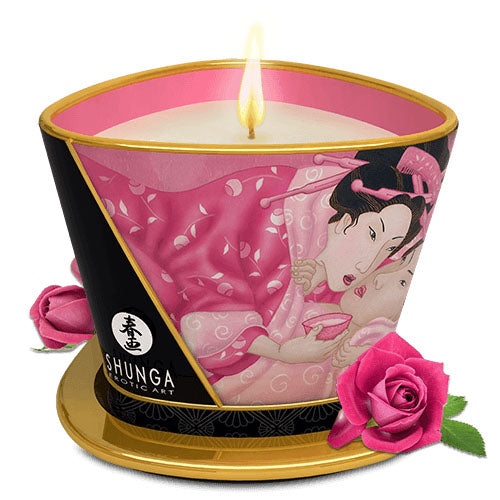 Shunga Massage Candle Aphrodisia Roses 5.7 Oz with rose fragrance and romantic design, perfect for creating a soothing ambiance.