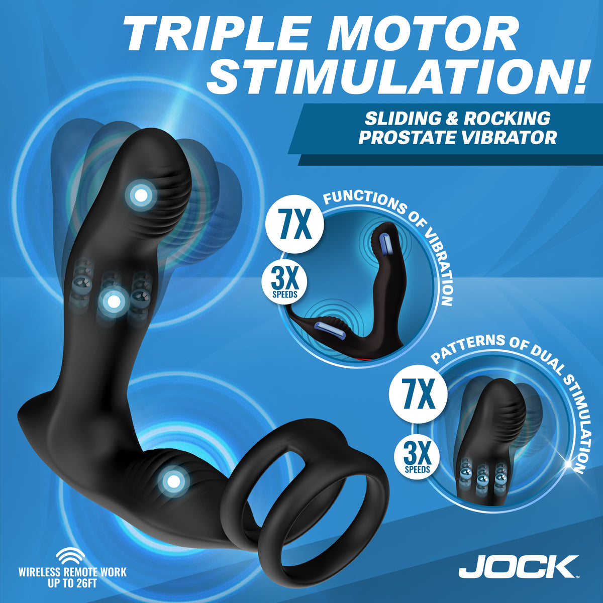P-Drive Sliding & Rocking Prostate Vibrator with Cock Ring showcasing triple motor stimulation features.