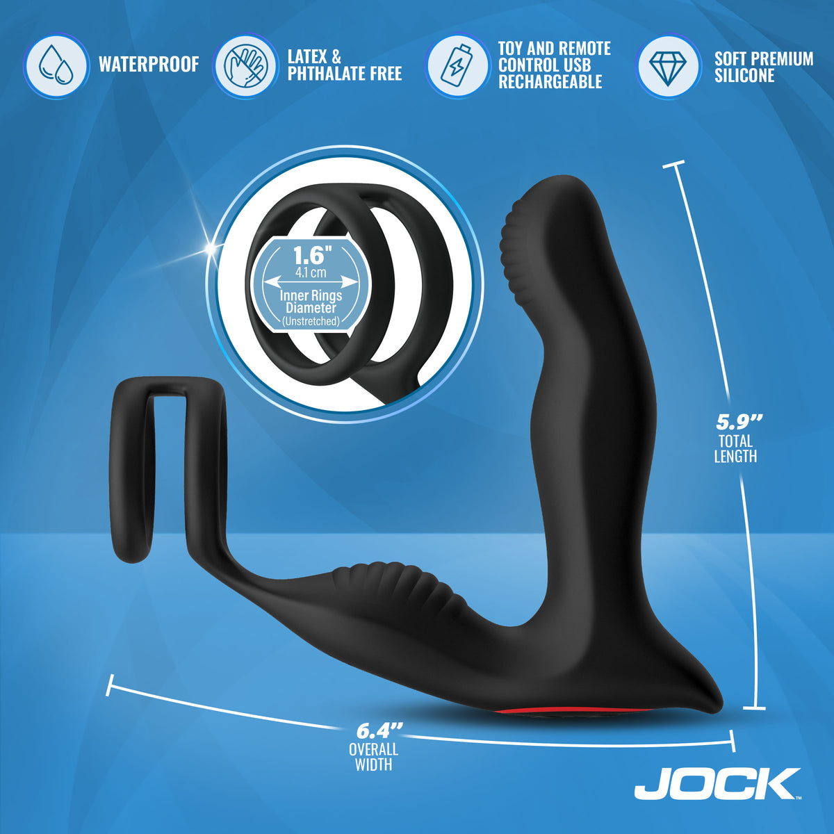 P-Drive Sliding & Rocking Prostate Vibrator with Cock Ring features, dimensions, and silicone material specifications.
