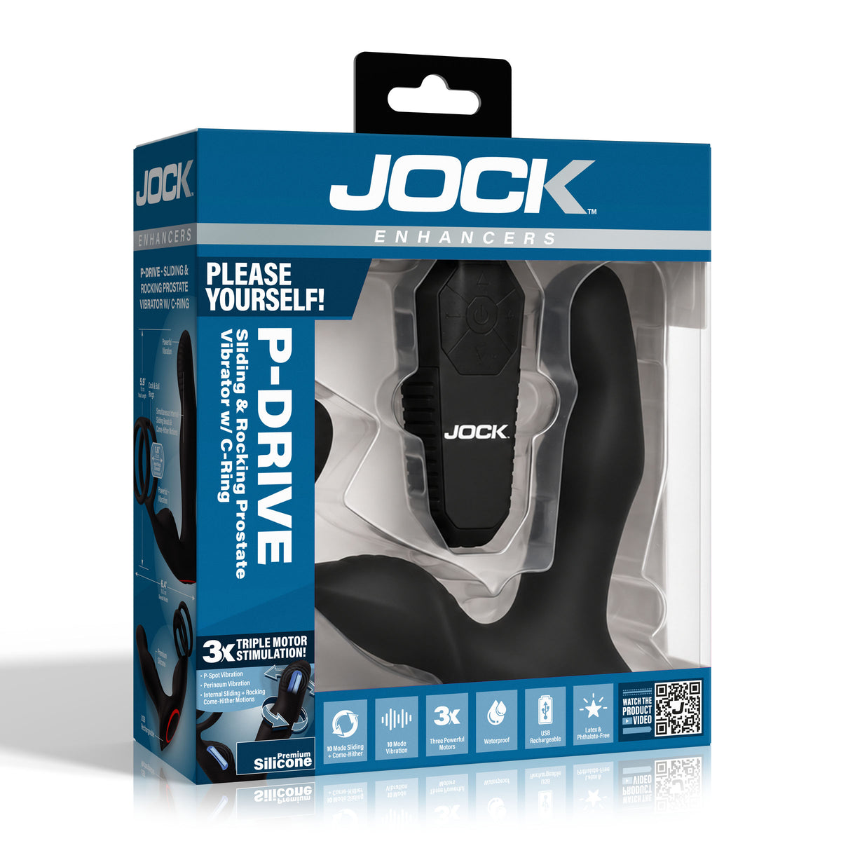 P-Drive Sliding & Rocking Prostate Vibrator with Cock Ring in packaging, featuring triple motor stimulation and wireless remote.