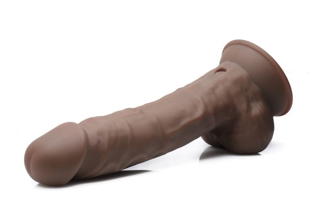 Fleshstixxx 8 Inch Vibrating Dildo With Balls Dark, lifelike silicone design, rechargeable vibrating feature, flexible use.