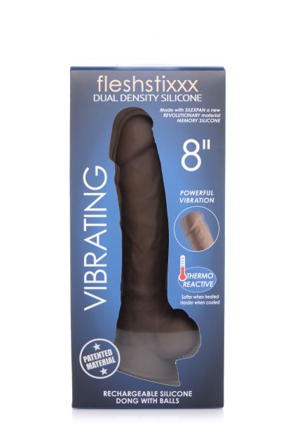 Fleshstixxx 8 Inch Vibrating Dildo With Balls Dark, featuring powerful vibration and thermo-reactive silicone.